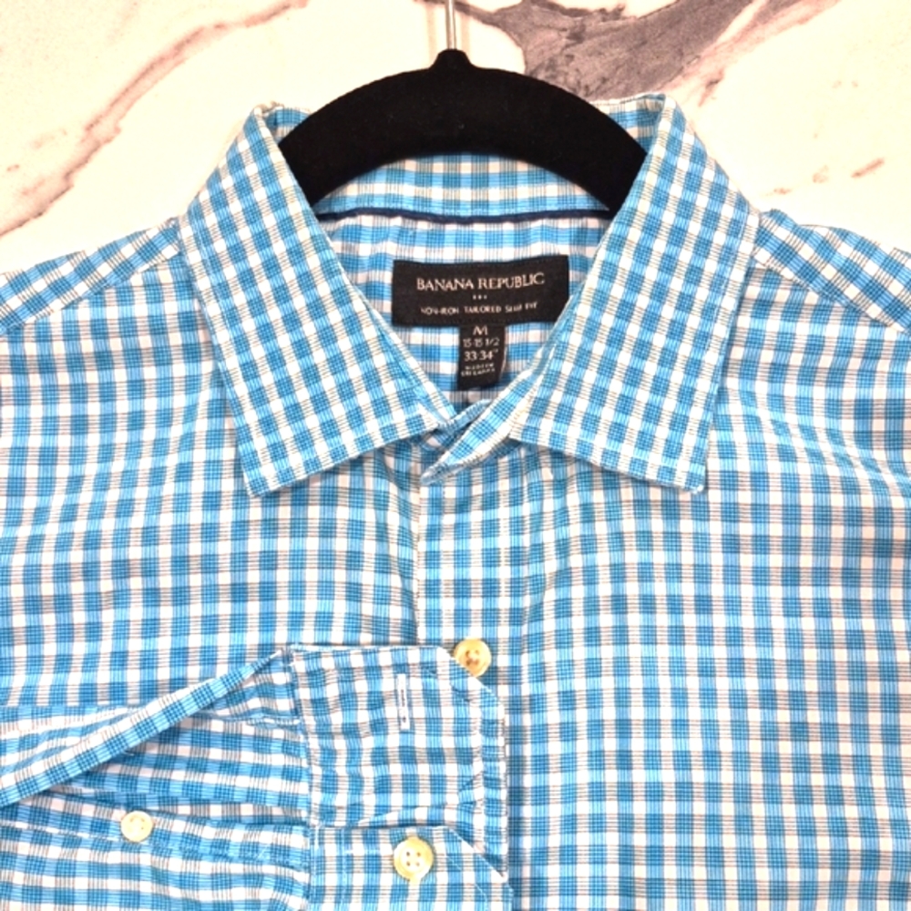 EUC Banana Republic Tailored Slim Flit Dress Shirt Aqua Blue Plaid, Medium